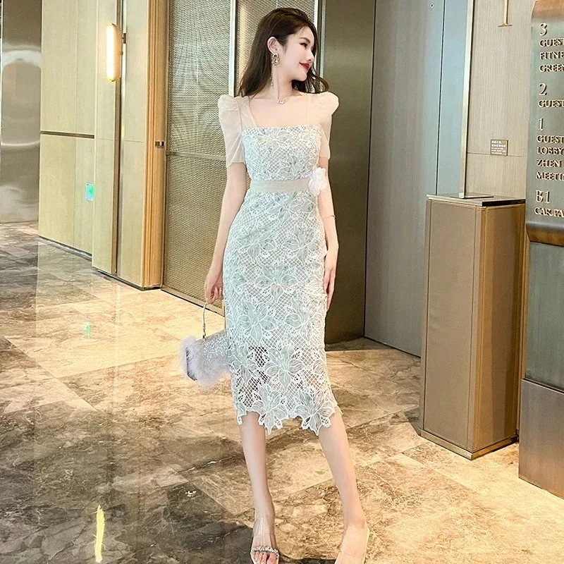 【JY.上品】 レース ル ワンピース スクエア襟 夏 ドレス パーティードレス着痩せ 大人 お呼ばれ 同窓会 披露宴 卒業式 結婚式 ウェディング 二次会 成人式