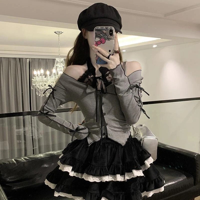 セットアップ 涼しく楽ちんセットアップ韓国ファッションレース首掛け長袖Tシャツ女+クラッシュカラーケーキスカート 春夏 アメリカンレトロ2点セット