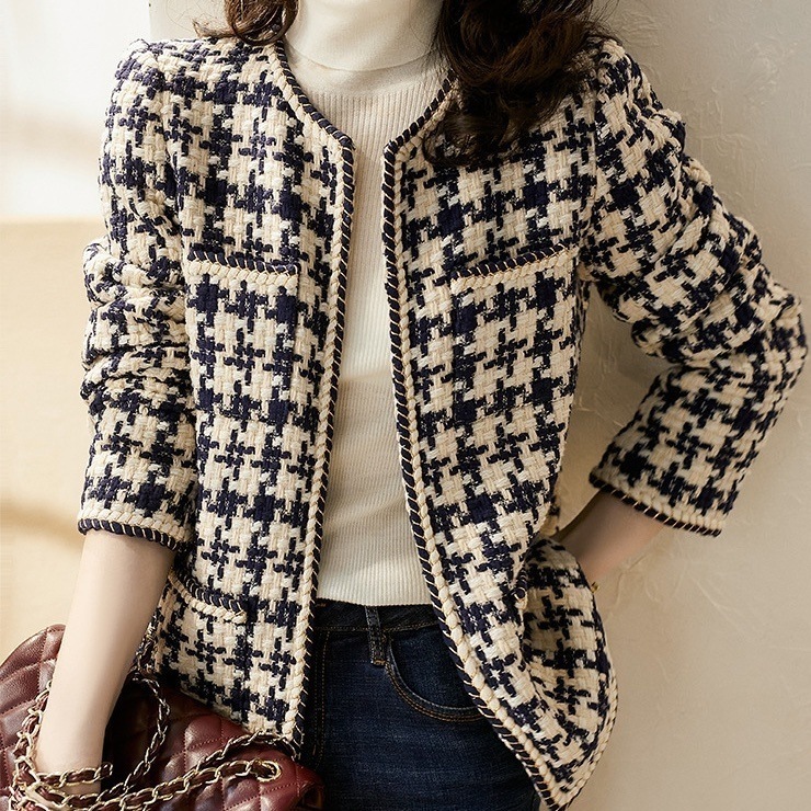 ツイードジャケット 千鳥格子柄 ノーカラージャケット 韓国 レディース オルチャン ネイビー コンサバ 長袖 Uネック ラウンドネック 前開き ポケット かわいい 大人可愛い きれいめ