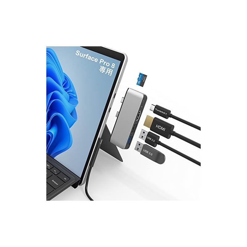 Surface Pro 8 USB ハブ USB-C Thunerbolt 4 (ディスプレイ+データ+PD充電) + 4K HDMIポート + USB3.0 + USB2.0 + TF (Micro