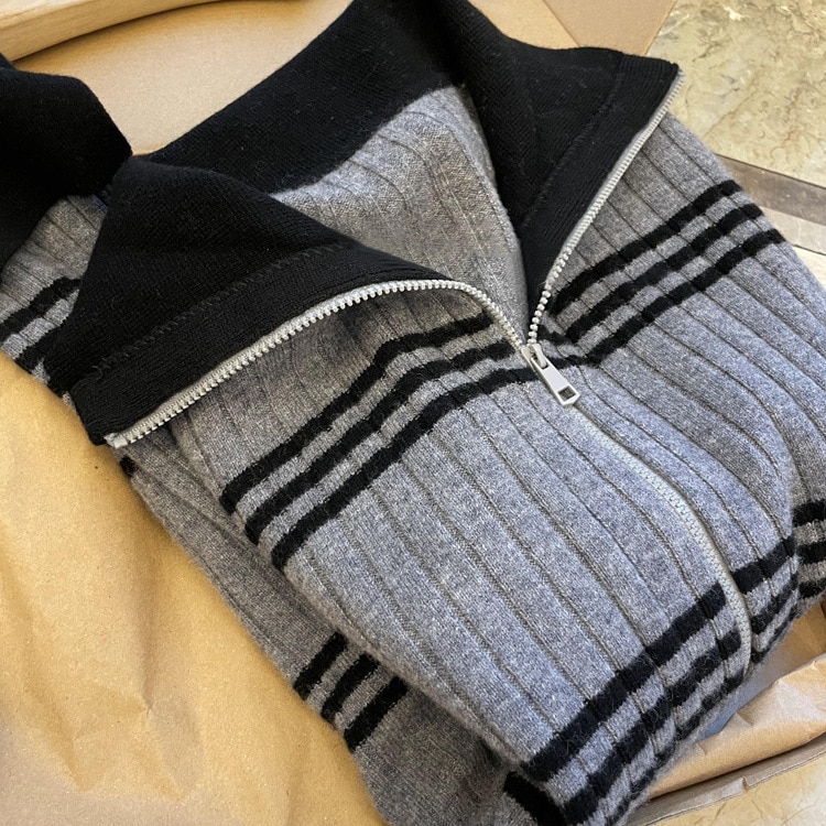大きな工場品質！！プライベートプッシュグリーンポロラペルダブルジッパーレトロストライプウールニット女性用