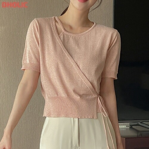 [メガ割りSALE]リネン混リボンラップ半袖ニット