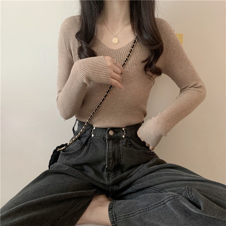 トップス ニットソー 袖あり 長袖 Vネック スリム 細身 ストレート リブ エキゾチック 大人女子 こなれ感 個性的 カーキ ブラウン グレー レッド ブラック ベージュ ブルー S M L XL