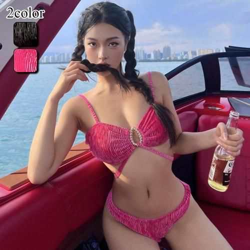 水着 レディース ビーチウェア スイムウェア 流行 海 プール ビキニ ストリング ベロア ラグジュアリー 華奢 光沢 ビキニ ブラウン ピンク S M L ビキニ