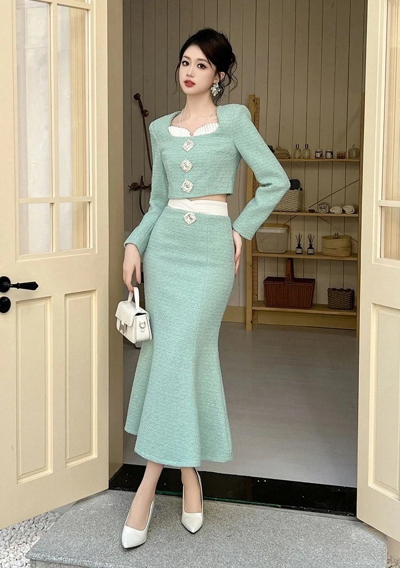 【JY.上品】 秋冬 上下セット ラジャー 短丈ジャケット+マーメイドスカート レディース セットアップ30%までに制限