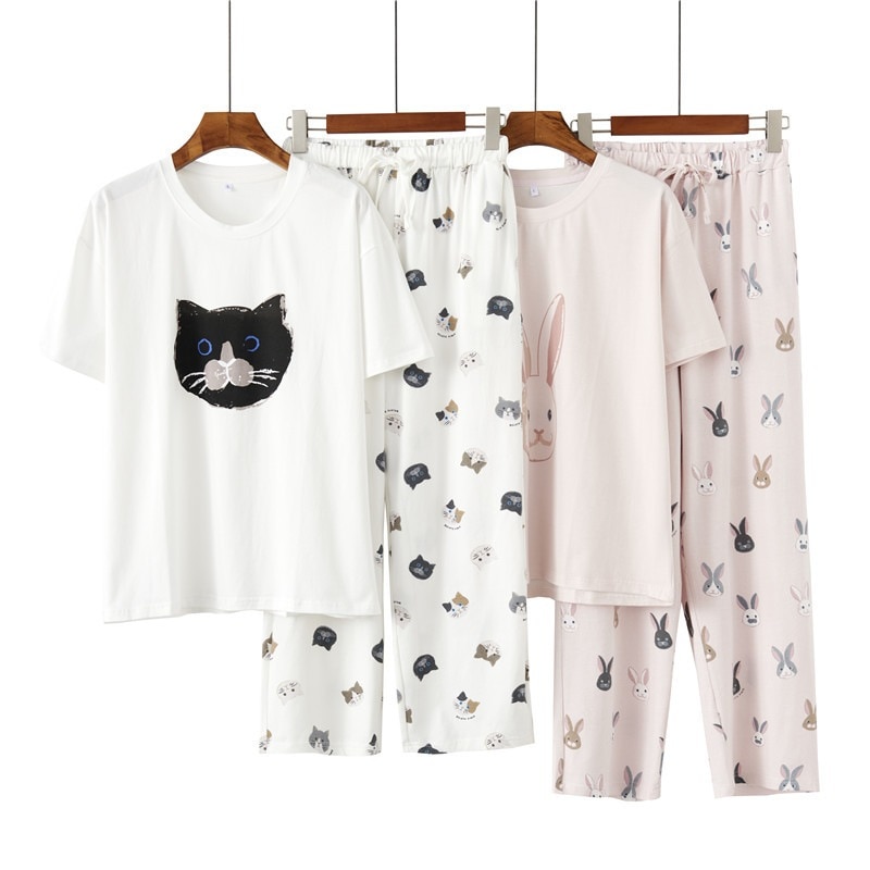 Gp 夏の女性用パジャマ半袖ズボン漫画のかわいい猫とウサギのホーム服セット