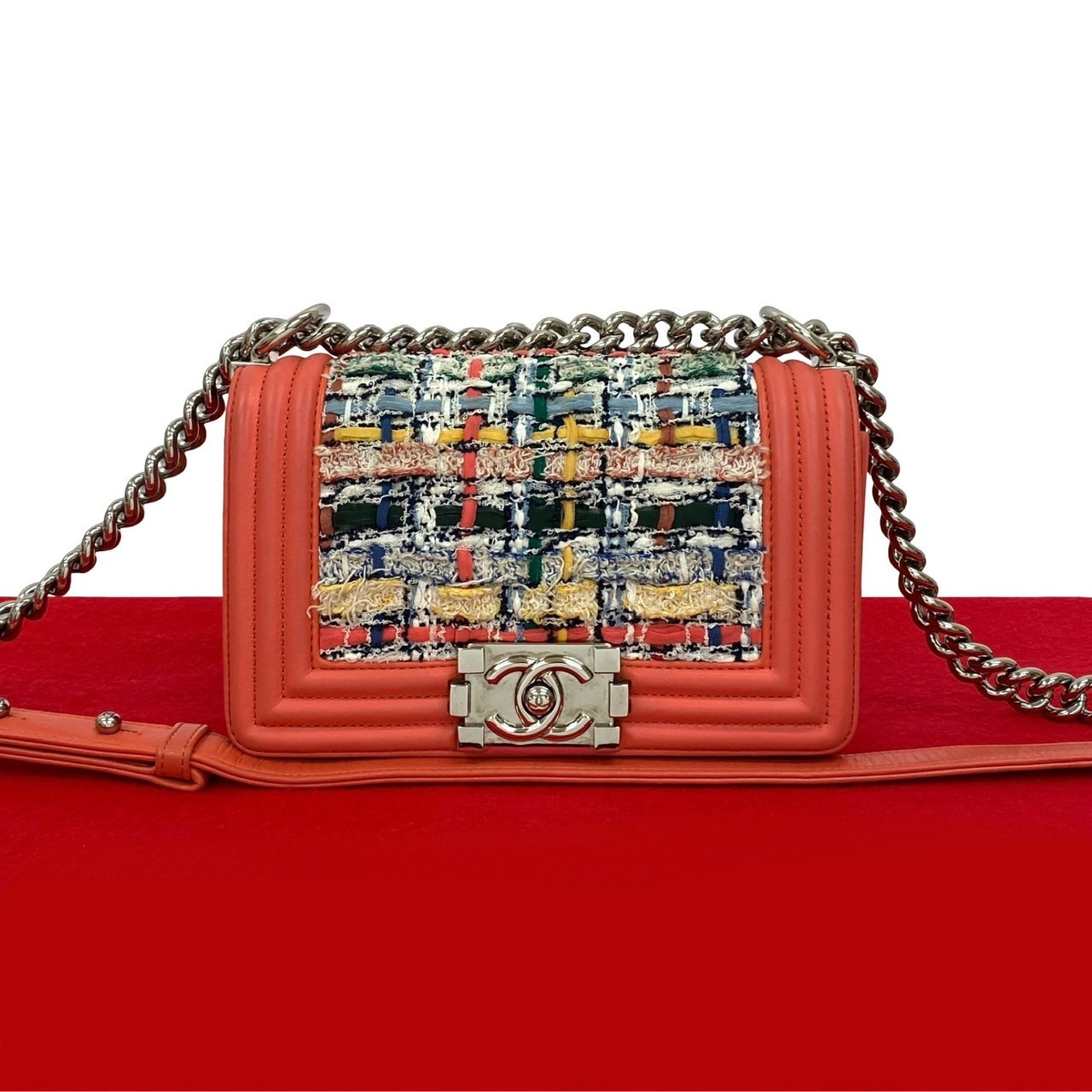 ボーイシャネルショルダーバッグ レザー ツイード ピンク 18464