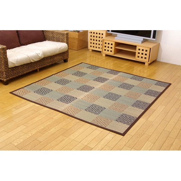 モダン い草 花ござ/ラグマット (ブラウン 江戸間8畳 約348×352cm) 日本製 抗菌 防臭 調湿 耐久性抜群 (リビング)