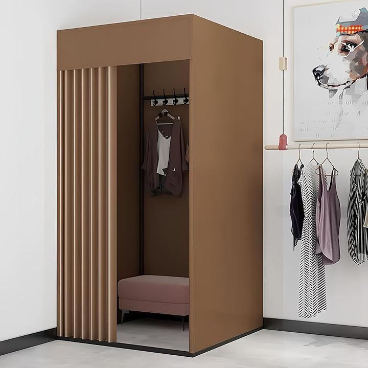フィッティングルーム 簡易 試着室 着替え 更衣室 遮光カーテン フック付 持ち運び 天井付 洋服店 催事場 安定感 広いスペース 組立簡単 仮設 取外し(ブラウン, 天井あり)