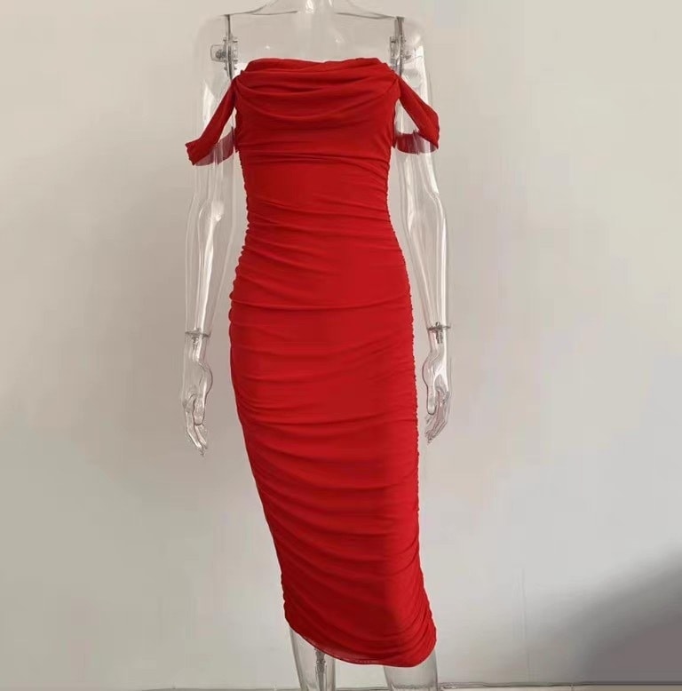 レディース ワンピース 膝下 ミモレ オフショルダー フェミニン 背中見せ タック タックプリーツ スリット バックスリット バックコンシャス ファスナー ギャザー ジッパー かわいい 大人可愛い