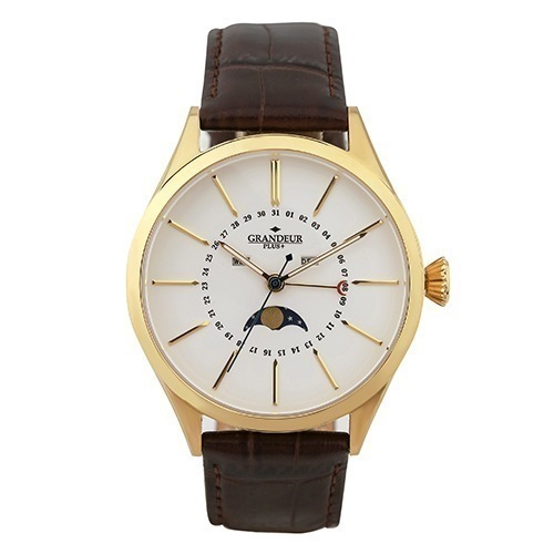 グランドールプラス クラシカヴィンテージなムーンフェイスメンズ革ベルトウォッチ