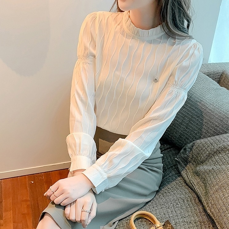 春秋シフォンシャツ キャンディーパフスリーブ ハイネックトップス ストライプトップス トップス シャツ ブラウス カットソー プルオーバー 白シャツ 白トップス 袖あり 長袖 パフスリーブ ハイネック