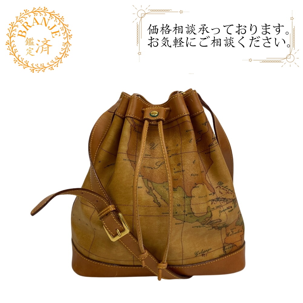 ドローストリングバッグ 巾着 地図柄 PVC ショルダーバッグ ライトブラウン ブランド