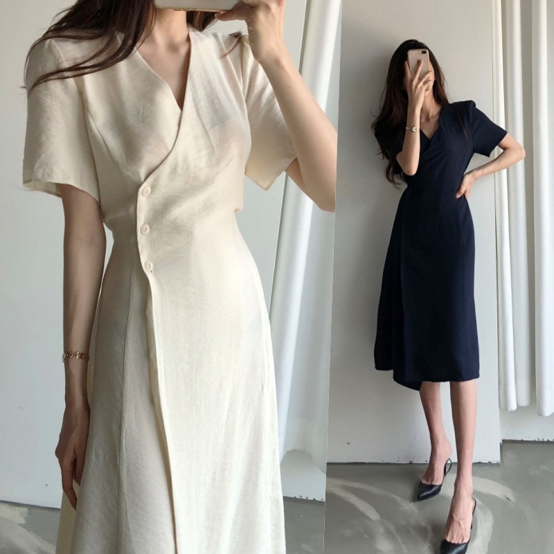 ワンピース シャツワンピース ワンピドレス ミモレ ミモレ丈 半袖 Vネック カシュクール スリム ストレート 前開き ボタン 大人可愛い きれいめ シンプル カジュアル 大人 上品 おしゃれ お洒落