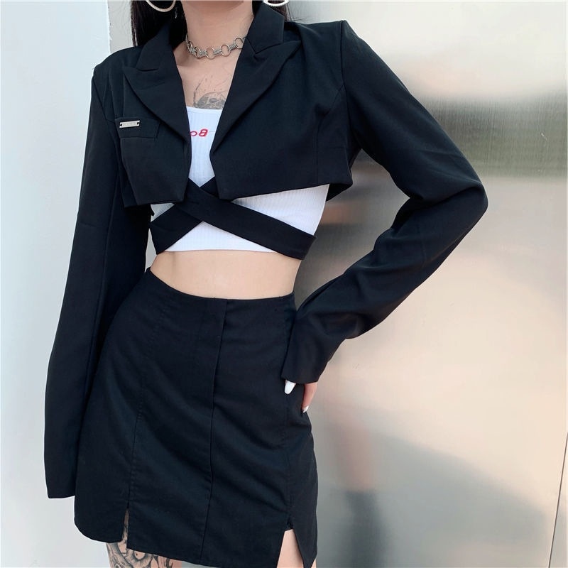 トップス ツーピース セットアップ ジャケット 黒コート Vネック レギュラー 夏 ショート丈 無地 スリム フィット 長袖 S M L ブラック ショート 袖あり 襟付き ベルト ポケット かわいい