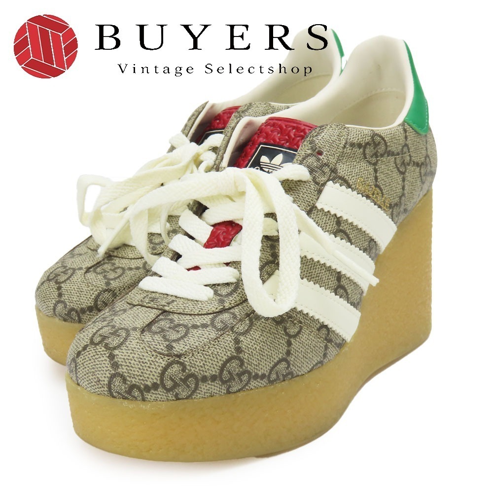 中古 スニーカー ガジル 725655 アディダス コラボ 34 GGスプリームキャンバス レザー ベージュ グリーン ホワイト レッド JPサイズ約22.0cm ウェッジソール約8cm 靴 シューズ