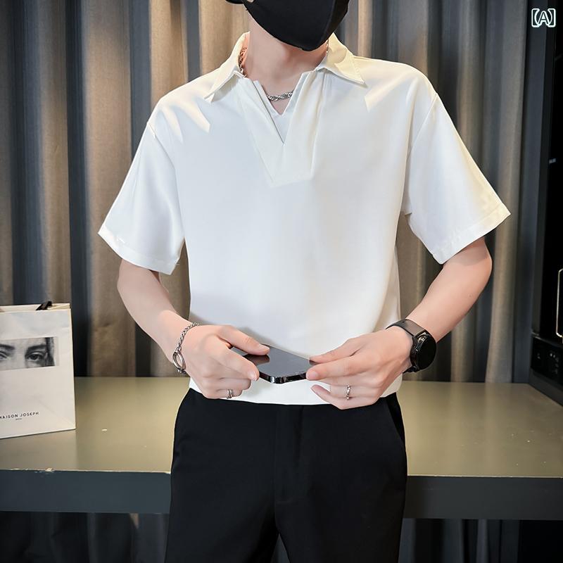 メンズ フェイク ツーピース T シャツ 半袖 夏 冷感 ポロシャツ Vネック スリム フィット 二重襟 都会的 通気性 無地 黒 白 ブラック ホワイト 男性
