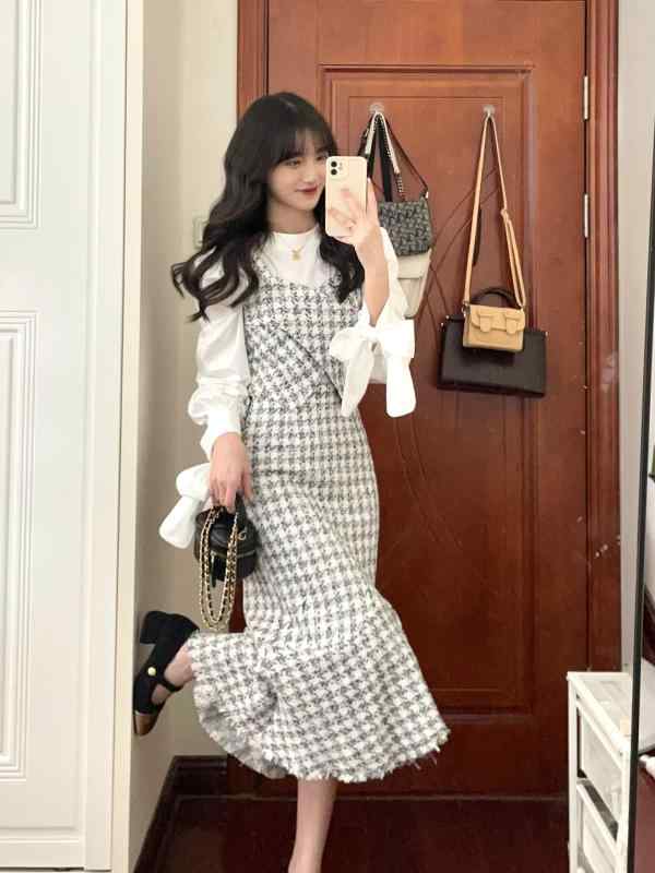 セットアップ レディース かわいい 春 フレンチ チェック 長袖 ブラウス ラウンドネック ベスト フリル スカート ミモレ丈