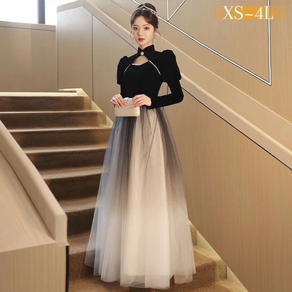 ドレス 大人 ピアノ 発表会 ロングドレス 演奏会 結婚式 母親 ピアノ発表会 黒ドレス 袖付き グラデーション ワンピース 長袖 演奏会ドレス 演奏会用ドレス パーティードレス イブニングドレス ロ
