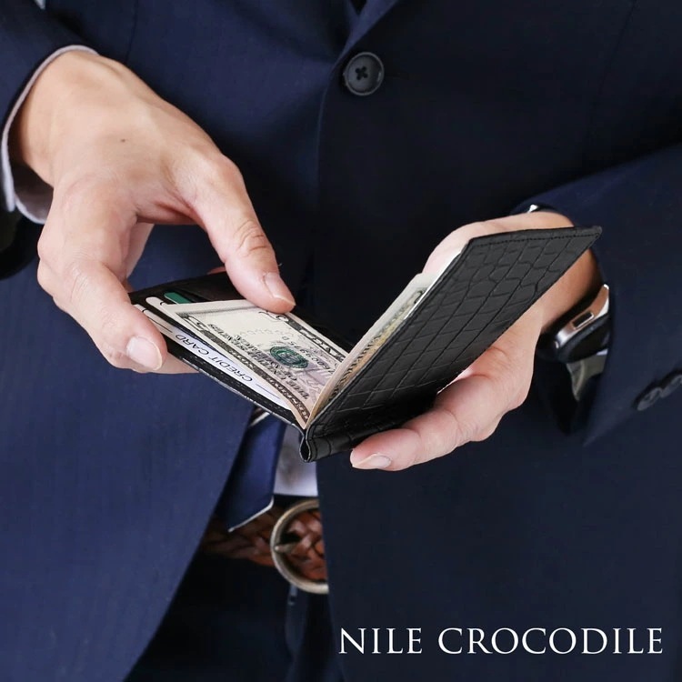 クロコダイル マネークリップ 財布 メンズ 一枚革 センター取り マット 加工 折り財布 二つ折り 薄い お札入れ 札ばさみ 日本製 本革 鰐革 プレゼント ギフト (06001795-mens-1r