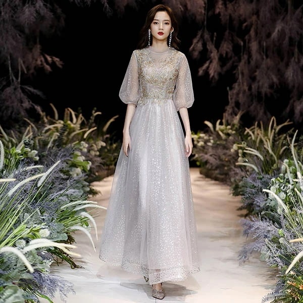 新作追加 L グレー パーティードレス ロングドレス グレー 演奏会 ハイネック 半袖 ドレス 大人 ピアノ 発表会 小さいサイズ XS 結婚式 演奏会用ドレス da083g5jckc /・・