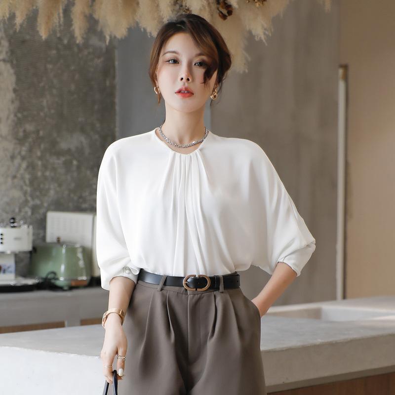 レディース ファッション トップス ブラウス シフォン タック フロントタック 袖ボタン バックボタン シンプル 上品 二の腕カバー 春 夏 秋 冬