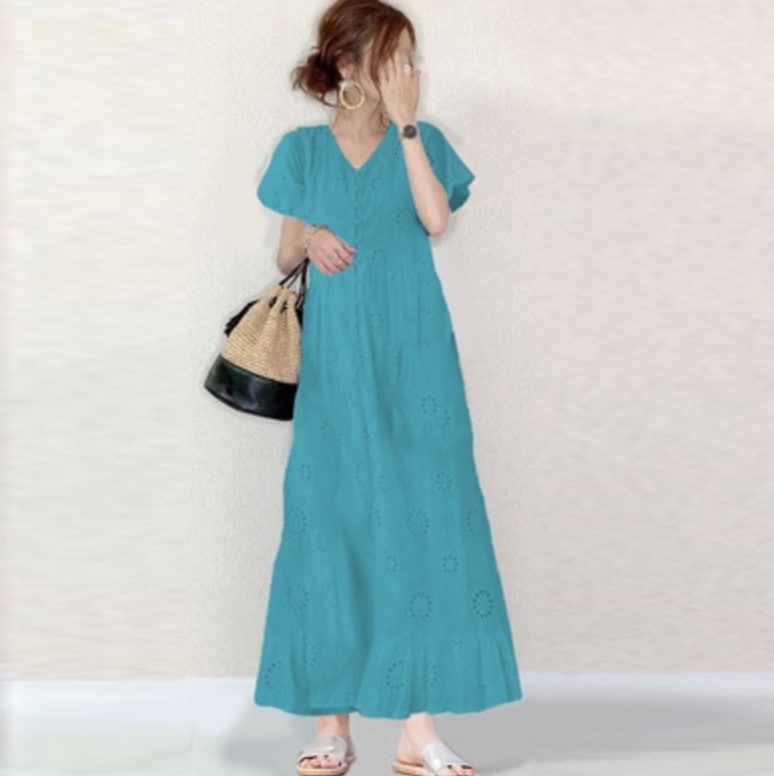 ワンピース フレア Aライン ミモレ 膝下 半袖 Vネック 細身 前ボタン Iライン 薄手 レース 大人可愛い シンプル きれいめ 上品 春 夏 リゾート デート 海 ホワイト ブルー