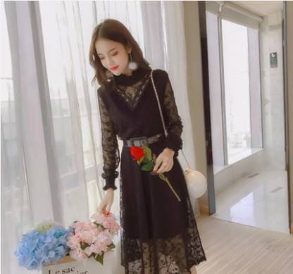 ワンピース レディース チュール スカート フレア ワンピドレス ひざ丈 袖あり 長袖 萌袖 ハイネック セミフレア 細身 Iライン レース ベルト ウエストマーク 透け感 シースルー 上品 きれいめ