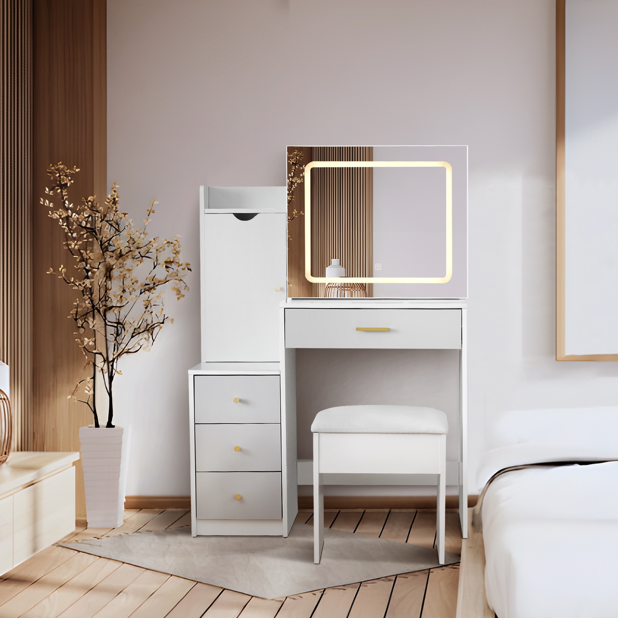 ドレッサー化粧台 テーブル 鏡台 LEDライト付き スツール付き 引き出し 収納 サイド収納 メイク台 シンプル 大容量 可愛い(原:WF313994AAA)