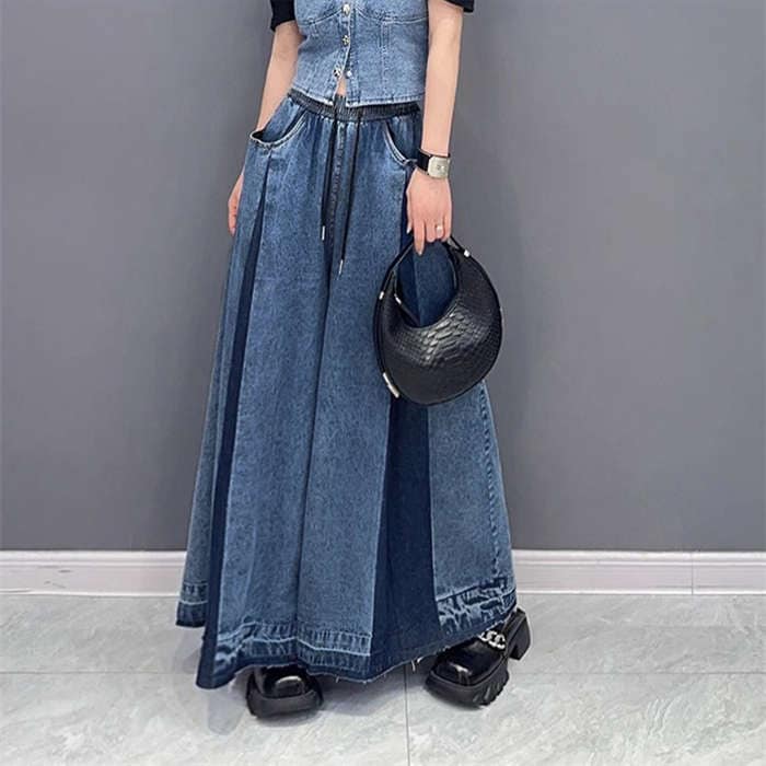 デニムワイドパンツ ワイドパンツ ロング レディース タックパンツ ドレープ フレアワイド デニム ボトムス プリーツ 切替 ボリューム フリンジ ダメージ加工 メンズ ユニセックス ゆったり モード