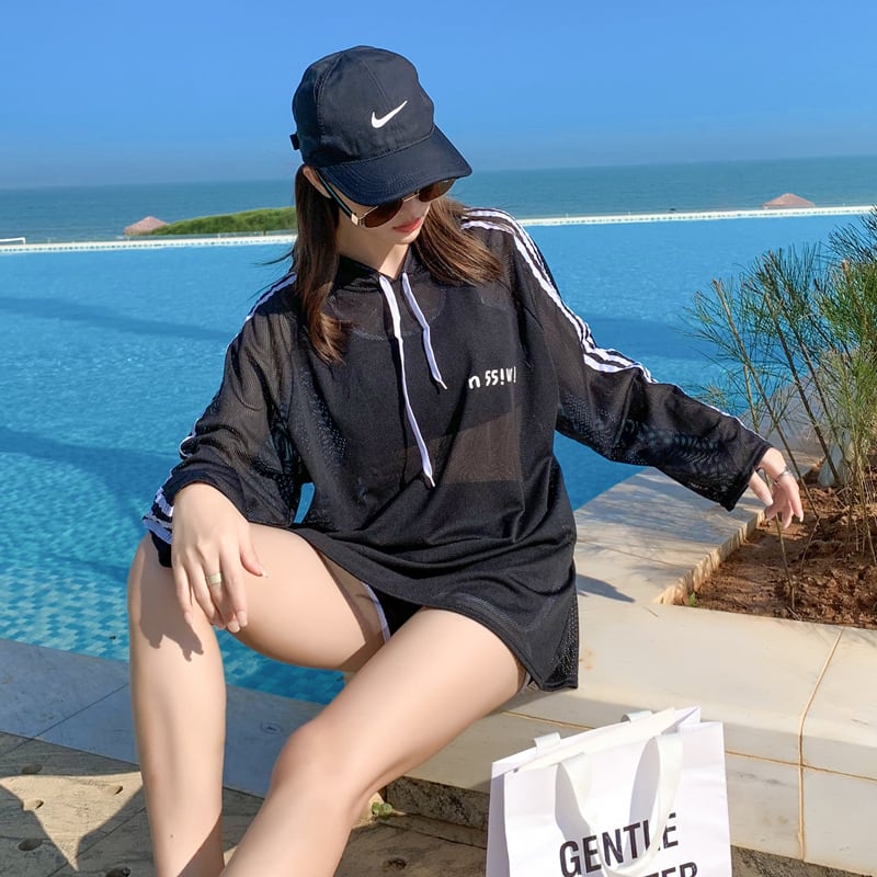 大好評！2色 水着 レディース 体型カバー ビキニ 3点セット かわいい ワンポイント カジュアル 長袖 メッシュ Tシャツ キャミソール ショートパンツ タンキニ スポーティー 韓国 水着 ハイウエ