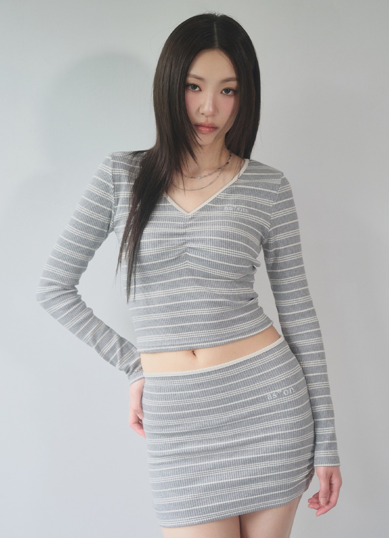 【AS"ON】 BUMBLE STRIPE SHIRRING TEE / GRAY 正規品