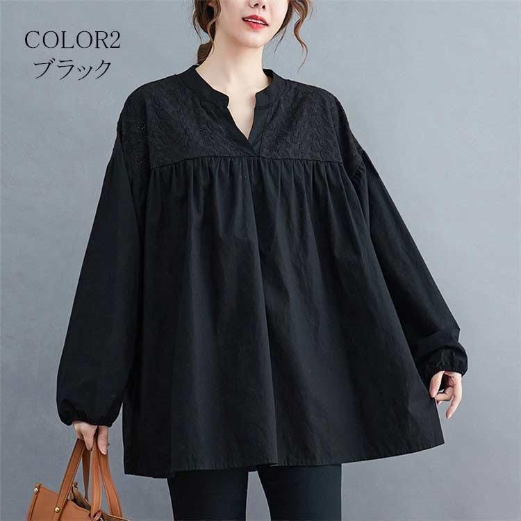 Ｔシャツ シャツブラウス 春夏秋 長袖 レディース トップス Ｖネック 透かし彫り プルオーバー リラックス 刺繍 体型カバー おしゃれ 白 黒 5,552円