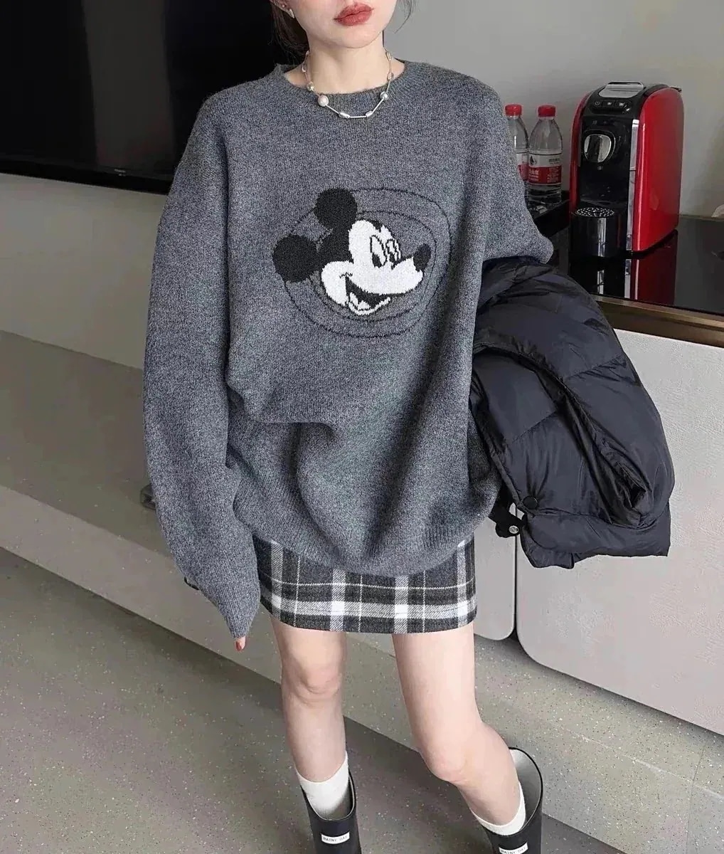【BIG-SALE限定】期間　レイジーミッキー刺繍ラウンドネックプルオーバーニットセーター女性の外でも内でも着用可能トップ