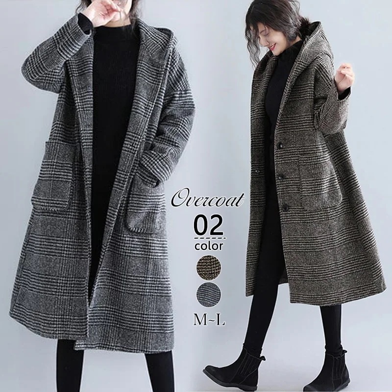 チェスターコート チェック柄コート アウター コート レディース ロングコート ロング チェック 柄 長袖 秋冬 ゆったり 大きいサイズ フード付き 厚手 暖かい 羽織り オフィス カジュア30%まで