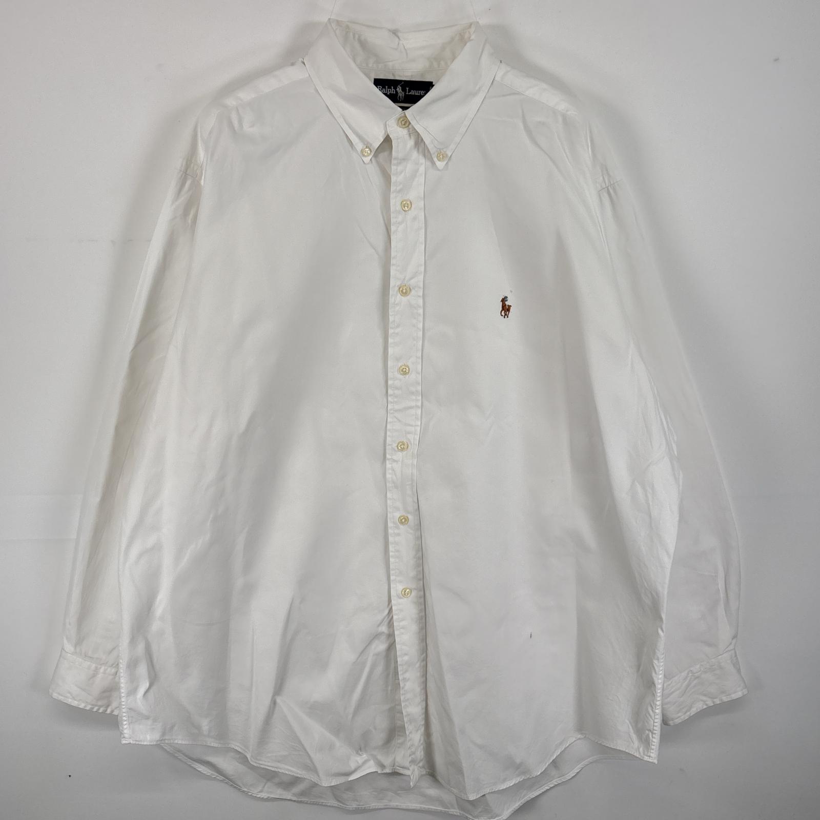 古着 長袖シャツ ボタンダウンシャツ ワンポイント ロゴ 刺繍 大きいサイズ 17 1/2-35 XL-2XL ホワイト 無地 メンズ