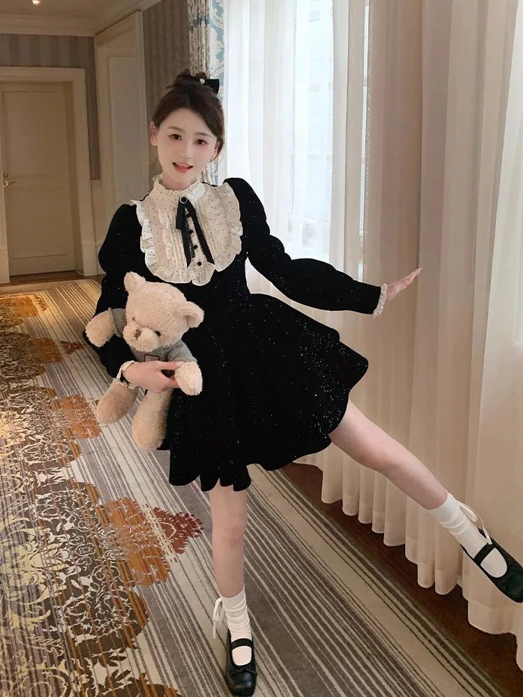 『目玉新商品』【3日出荷】秋冬ベルベット 二層きらめきパフケーキドレス 令嬢風 誕生日用礼装 お呼ばれドレス