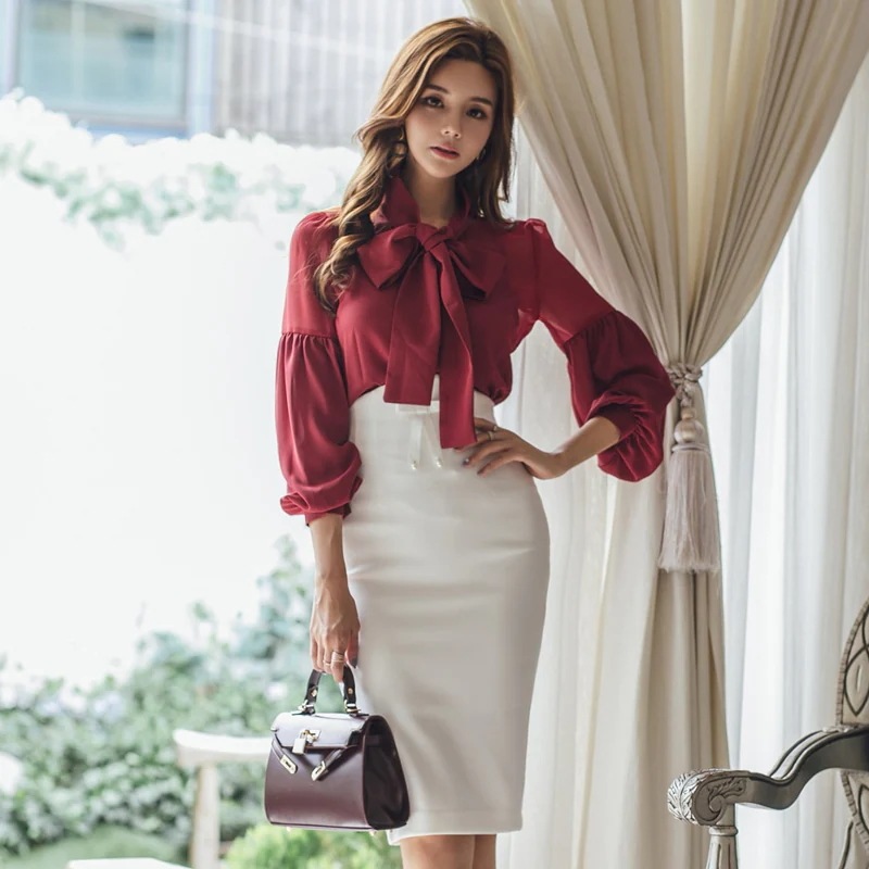 上下セット セットアップ トップス+スカート2点セットひざ丈 ハイウエストスカート