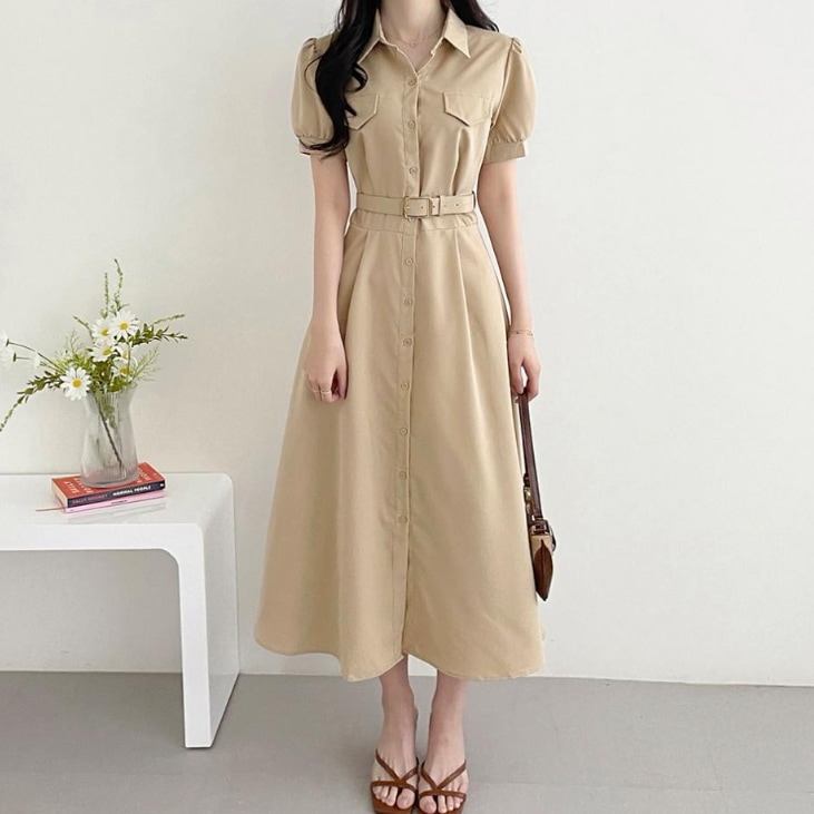レディース スカート ワンピース シャツワンピ 前開き ロングスカート ロング 半袖 パフスリーブ 襟付き ベルト ウエストマーク ハイウエスト フェイクポケット かわいい 大人可愛い きれいめ 5,378円