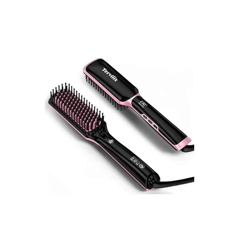 Terviiix ヒートブラシ ストレートブラシ マイナスイオンヘアアイロンブラシ 25秒間急速加熱 20段階温度設定130℃-230℃ ストレート＆カール両用 60分間自動オフ 海外対応 耐熱ポーチ