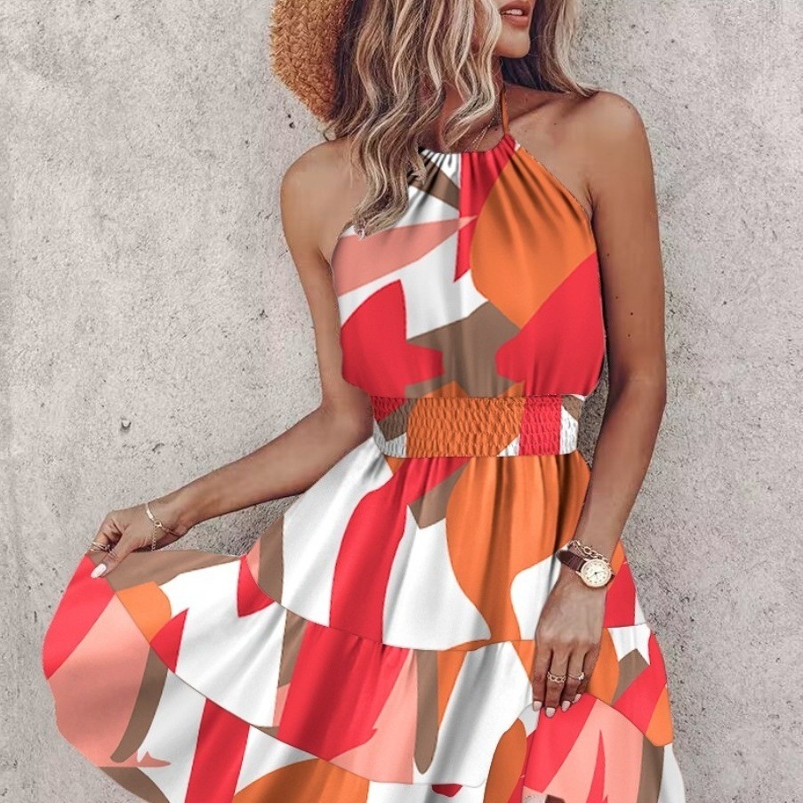 レディース ワンピース フレアスカート ミニ ショート 袖なし ノースリーブ ホルターネック 襟なし フレア スリム 細身 フェミニン 配色 中厚手 シャーリング 伸縮性 かわいい 大人可愛い 5,681円