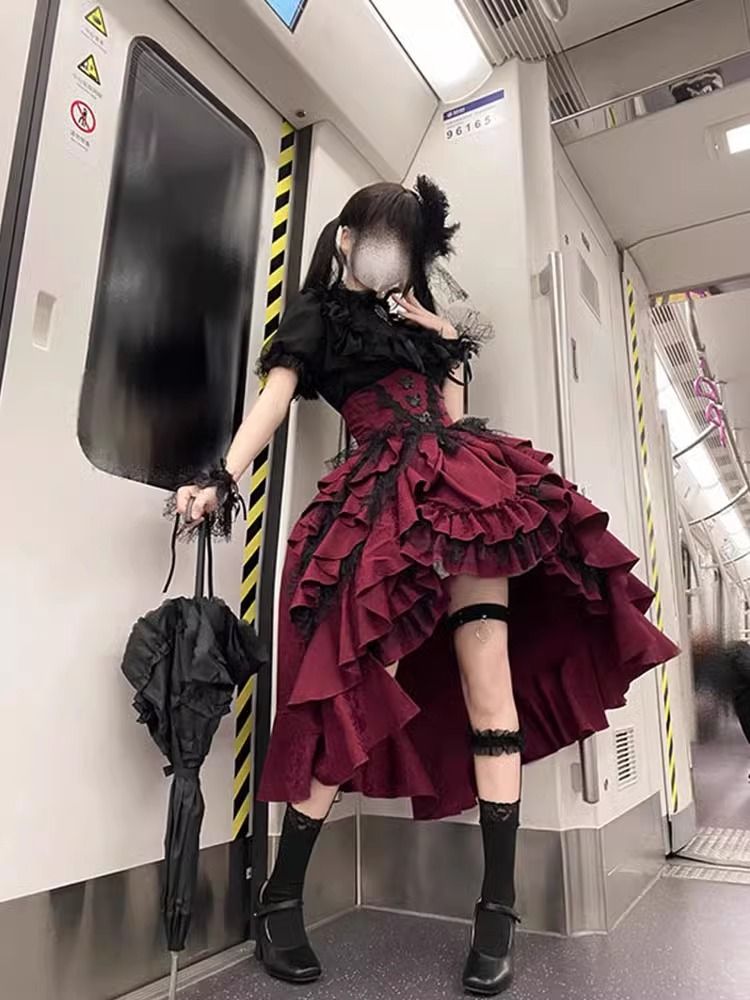 荘園暗黒ゴシック風lolita黒拝新年服赤ティラスカートセットロリータcos服