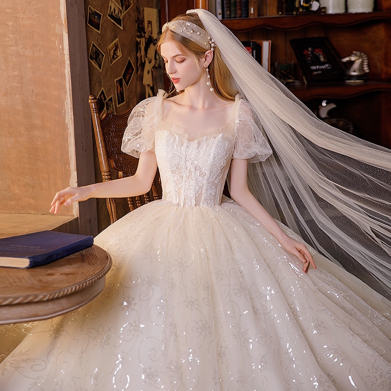 8048ウェディングドレス　白 大きいサイズ アイボリーホワイト 半袖プリンセス Aライン 結婚式二次会　発表会　披露宴　演奏会　小さいサイズ