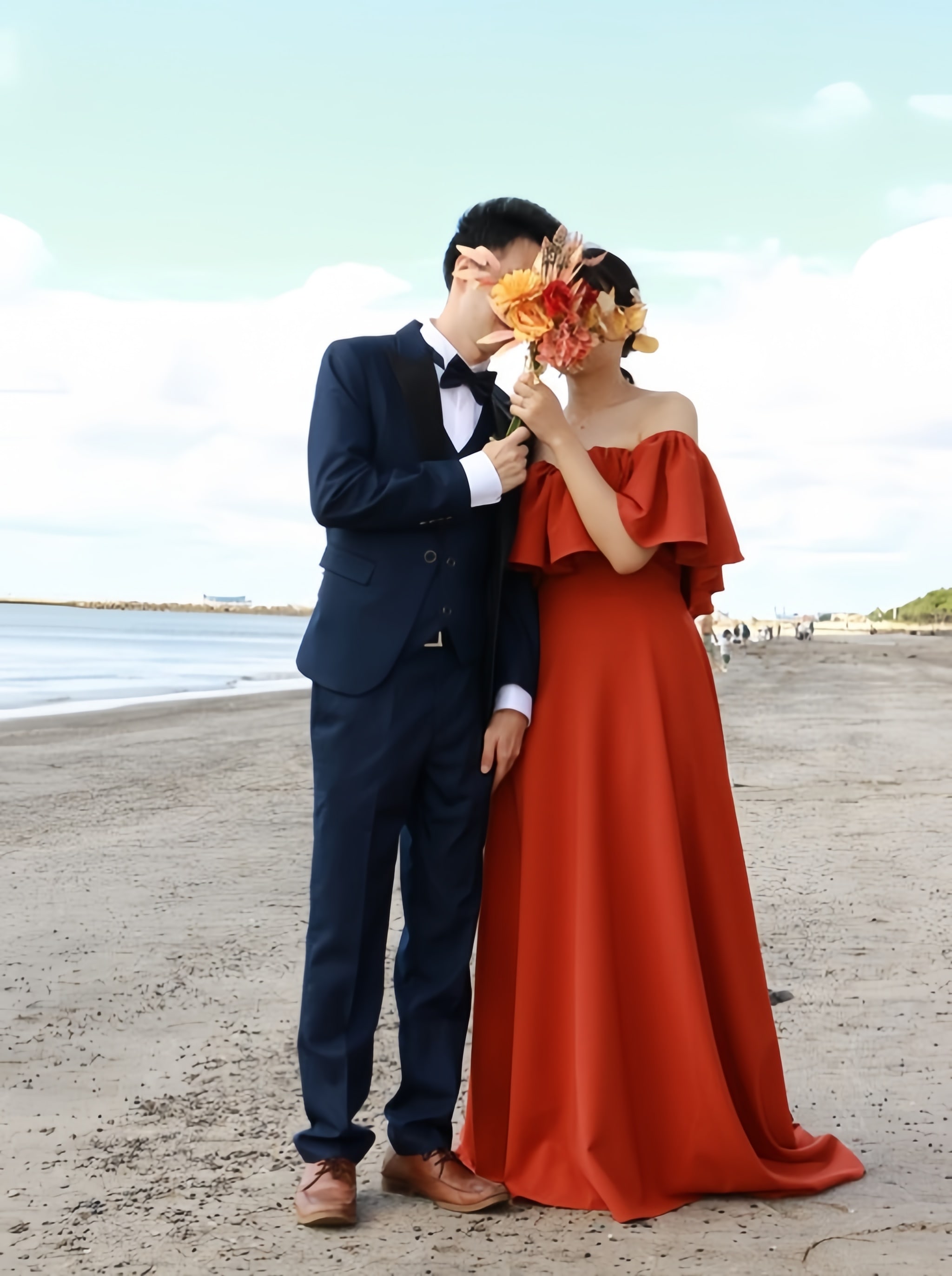 実例写真！カラードレス テラコッタ色 ふっくら柔らかなバックリボン デザイン感 ロングトレーン 編み上げ 花嫁/前撮り