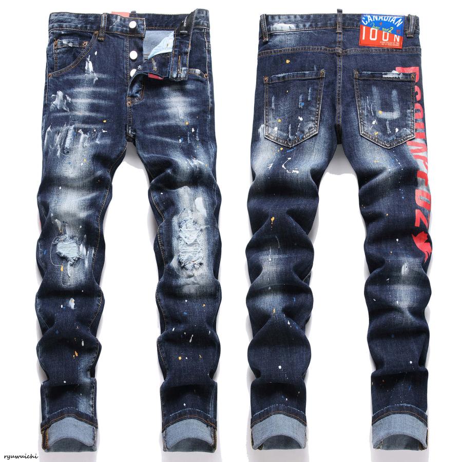 [メンズパンクジーンズ]ダメージ加工×ペイントスプラッター ストレッチスキニーデニム 破れ加工 ブラック 細身 男性用 トレンド61686