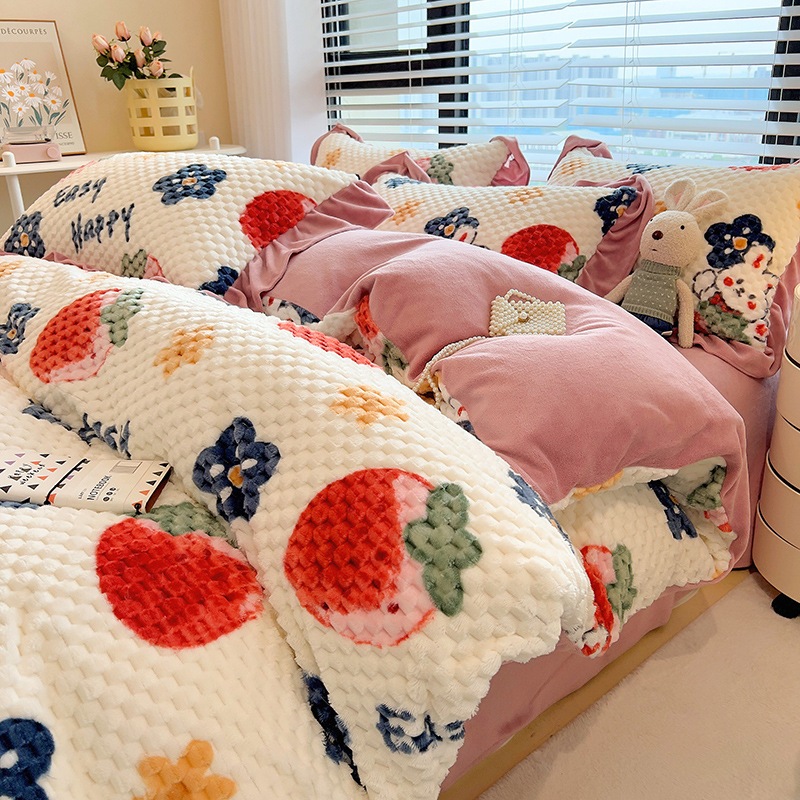 ジャカードビーニー4ピースコーラルベルベットシーツキルトカバー冬増厚両面プラスベルベットミルクベルベット寝具