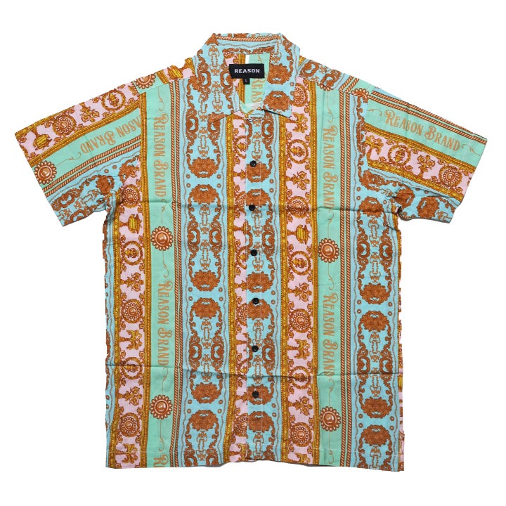 REASON 半袖シャツ メンズ 春夏用 緑 大きいサイズ リーズン 柄シャツ アロハシャツ おしゃれ 総柄 大人 バロック柄 西洋 ゴールドチェーン バロック