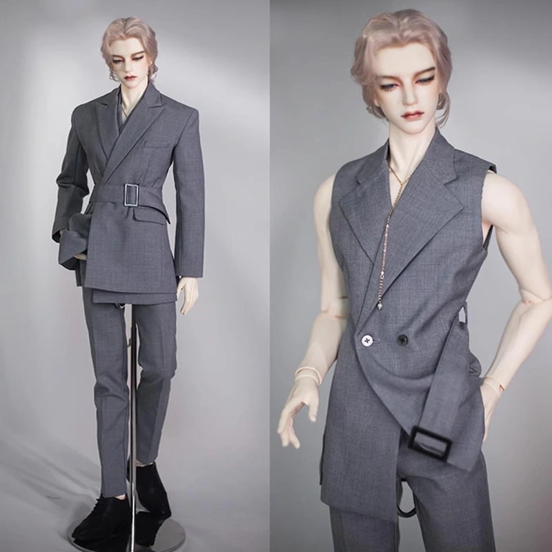 BJD ドール服 グレー ロングスーツ ベスト ベルト SD17/70cm/ID72/ID75/80cmサイズ球体関節人形用衣装 ドールウェア
