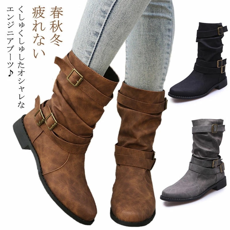 エンジニアブーツ ショートブーツ ミドルブーツ ベルト付き レディース ルーズブーツ くしゅくしゅ 靴 ローヒール ぺたんこ 疲れない 春秋冬 大きいサイズ ヴィンテージ 甲高 幅広