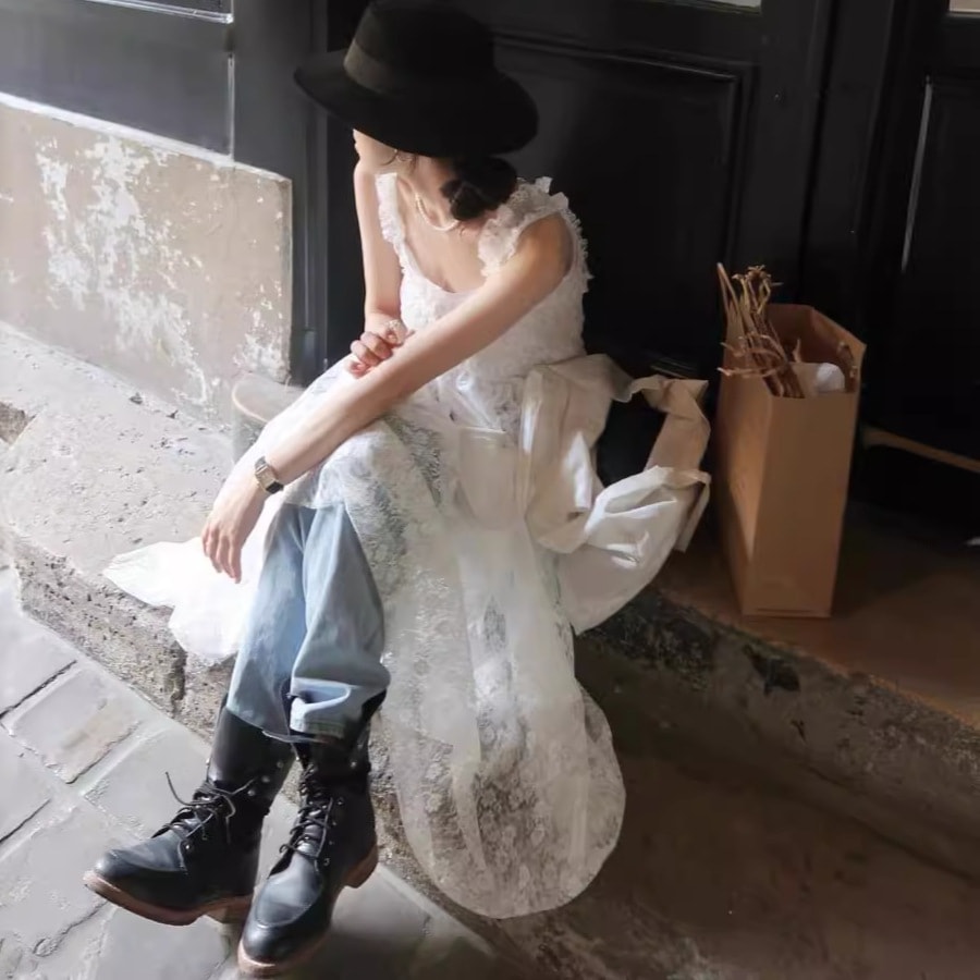 キャミワンピース韓国シック夏新作フレンチホリデースタイルニッチ重工業レースかぎ針編みストラップラージワンピースドレス 4,812円